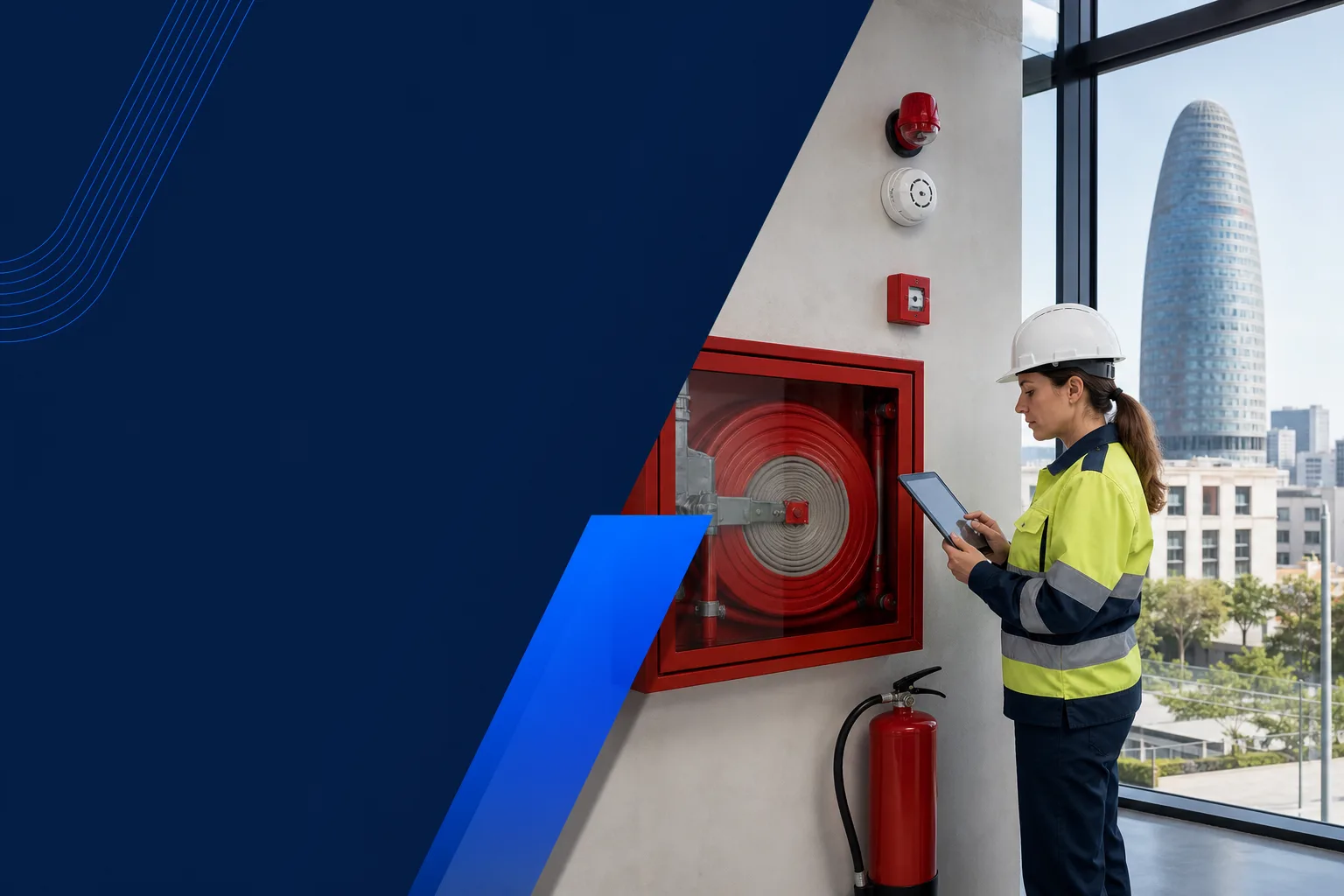 Engineer inspecting fire protection equipment and technical documents at premises in Catalonia