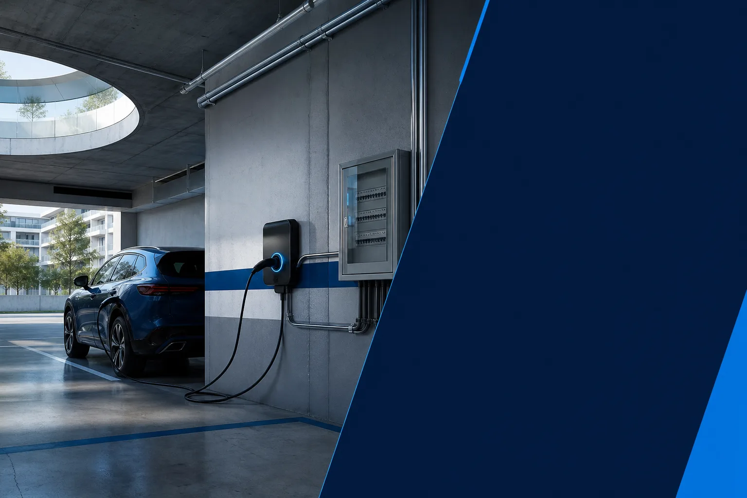 Punto de recarga de vehículo eléctrico instalado en una plaza de garaje comunitario