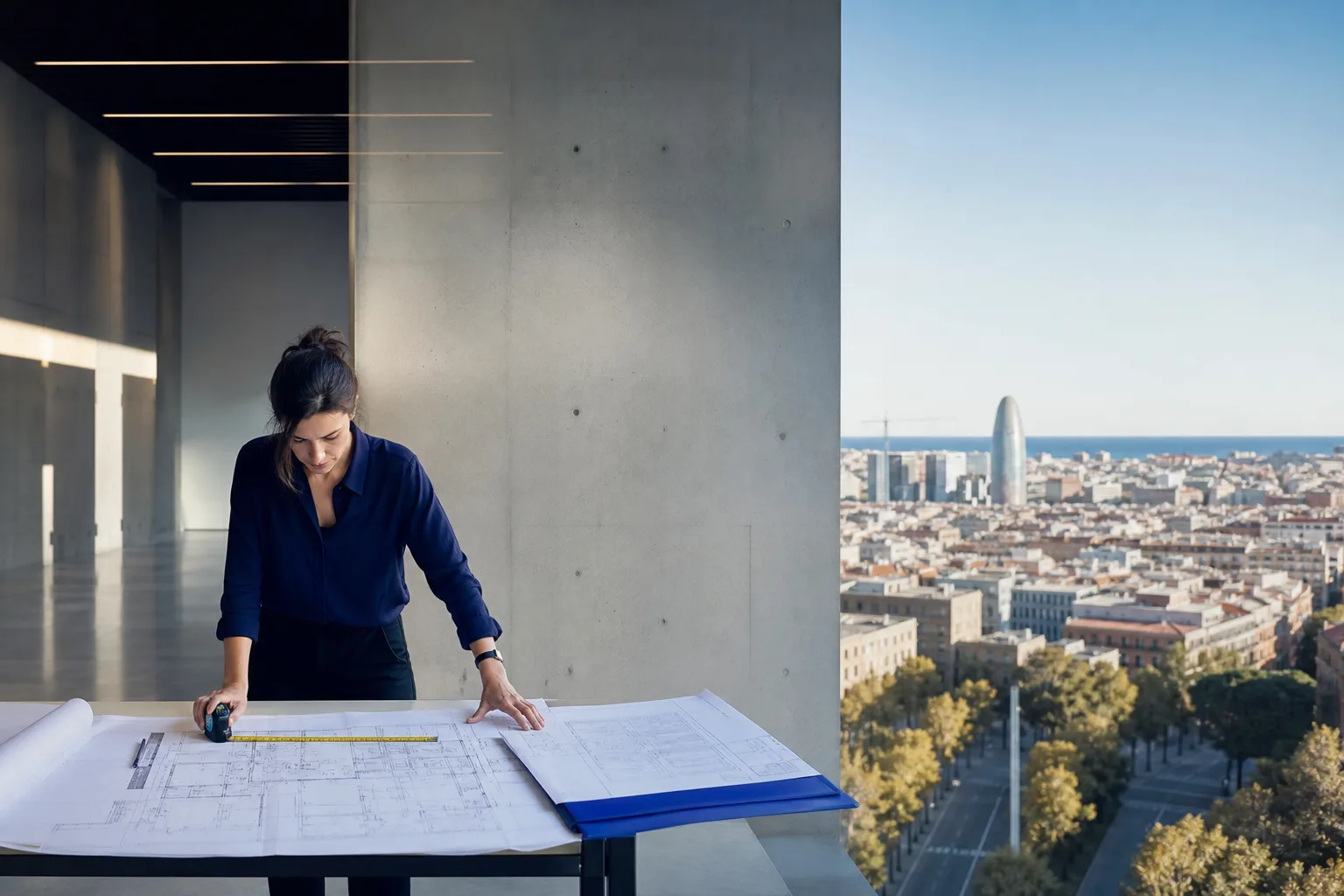 Técnica revisando los planos y las condiciones de un local comercial vacío en Barcelona